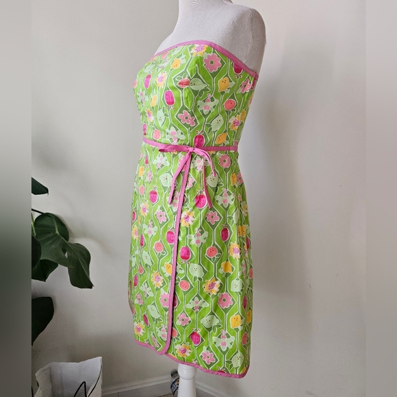 Lily Pulitzer Lime Green & Pink Ladybugs Fruit Geometric Print Strapless Dress 4 - Picture 6 of 17